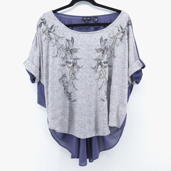 Miss Me Medium Boho Beaded Floral Periwinkle Romantic Top Chiffon Gathered Back - Picture 1 of 11